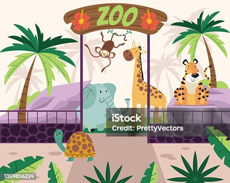 istock Welcome ZOO gate and jungle animals concept. Vector flat cartoon illustration 1359856224