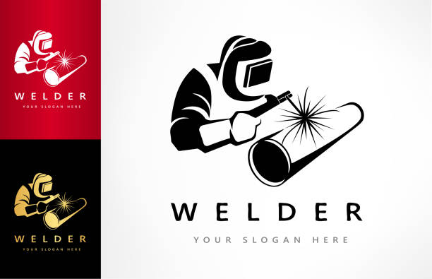 Welder welds a pipe in welding mask symbol vector Welder welds a pipe in welding mask symbol vector manufacturing silhouettes stock illustrations
