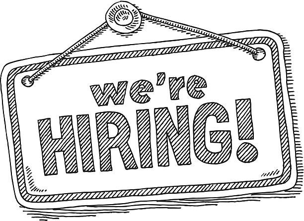 We're Hiring Door Sign Drawing Hand-drawn vector drawing of a "we're Hiring!" door sign. Black-and-White sketch on a transparent background (.eps-file). Included files: EPS (v8) and Hi-Res JPG. recruitment drawings stock illustrations