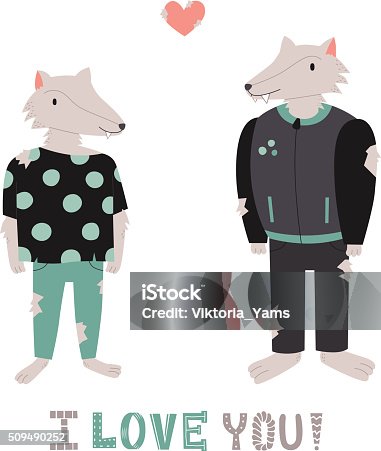 istock Werewolf cute couple in love with heart vector illustration. 509490252