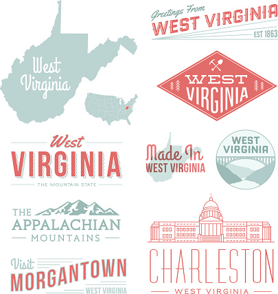 A set of vintage-style icons and typography representing the state of West Virginia, including the Appalachian Mountains, Morgantown and Charleston. Each items is on a separate layer. Includes a layered Photoshop document. Ideal for both print and web elements.