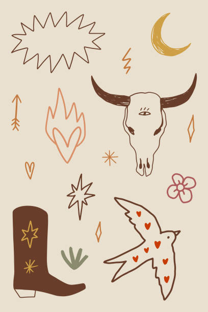 bildbanksillustrationer, clip art samt tecknat material och ikoner med western boho cowgirl set blogger vector stickers pack wild west - desert cowgirl