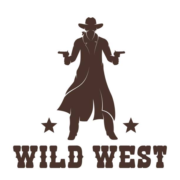 Western Cowboy in a long coat with guns stencil Western Cowboy in a long coat with guns stencil. Wild west gunfighter silhouette icon. Vector illustration. texas shooting stock illustrations