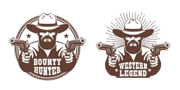 ilustraciones, imágenes clip art, dibujos animados e iconos de stock de vaquero occidental con barba y dos armas - emblema retro - texas shooting