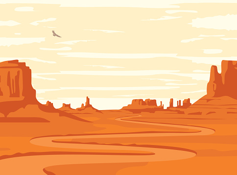Vector landscape with deserted valley, mountains, winding dirt road and flying hawk in the sky. Decorative illustration on the theme of the Wild West nature. Hot western scenery in retro style