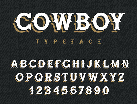 Wild West typeface. Retro alphabet in western style. Serif type letters on a grunge background. Handmade Vintage Font for labels and posters