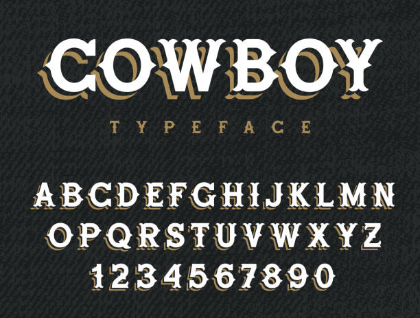 Western font 001 Wild West typeface. Retro alphabet in western style. Serif type letters on a grunge background. Handmade Vintage Font for labels and posters cowboy stock illustrations