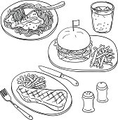 Western food in line art style,  black and white