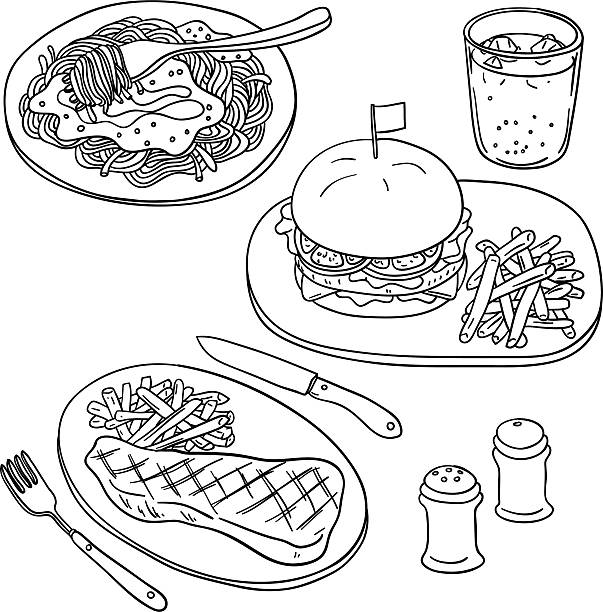 Western food in black and white Western food in line art style,  black and white pasta drawings stock illustrations