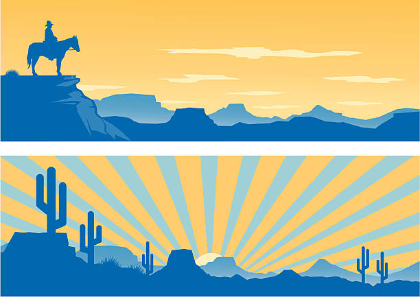 Western Silhouettes Retro Western style silhouettes with a Desert and Cowboy theme including cactus, landscape and sunset. All elements are on interchangeable layers and easily scaled and edited. desert area silhouettes stock illustrations