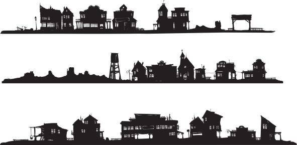 Silhouette drawing of three rows of houses, western style.