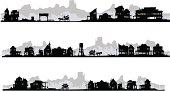 Set of western style silhouette buildings with old stagecoach. All in separated layers.