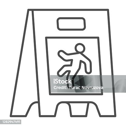 istock Wet floor thin line icon, Cleaning service concept, caution wet floor standing sign on white background, board with falling man icon in outline style for mobile, web design. Vector graphics. 1282947491