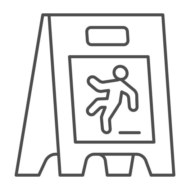 Wet floor thin line icon, Cleaning service concept, caution wet floor standing sign on white background, board with falling man icon in outline style for mobile, web design. Vector graphics. Wet floor thin line icon, Cleaning service concept, caution wet floor standing sign on white background, board with falling man icon in outline style for mobile, web design. Vector graphics autumn symbols stock illustrations