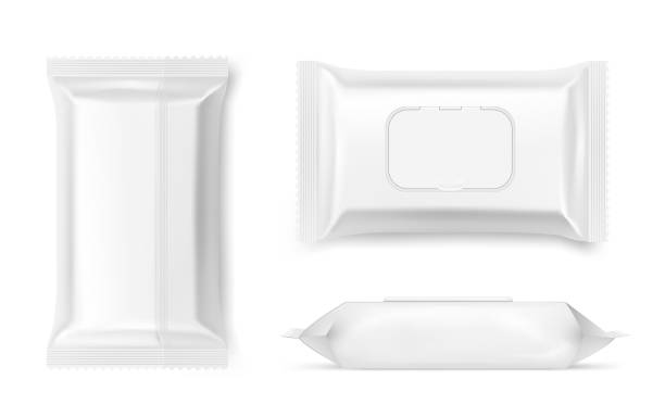 Wet wipes packing, antibacterial napkins container mockup Wet wipes packing, antibacterial napkins container mockup. Cosmetics packaging views realistic 3D vector set. Purity, cleanliness, personal hygiene. Beauty product packet front, top and side view pack rubbing stock illustrations