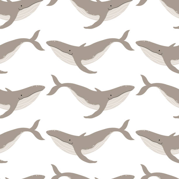 illustrations, cliparts, dessins animés et icônes de modèle sans couture de baleine. illustration de dessin animé de vecteur d'un animal marin dans un modèle scandinave simple. la palette beige limitée est idéale pour l'impression sur tissu, textile, papier d'emballage - event
