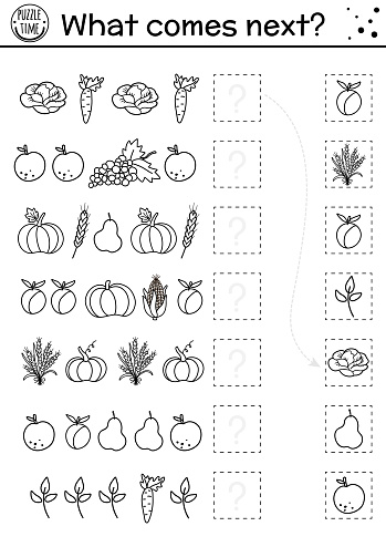 What comes next. Matching black and white activity for kids with autumn fruit and vegetables. Line fall puzzle. Logical worksheet with harvest. Thanksgiving continue the row game.
