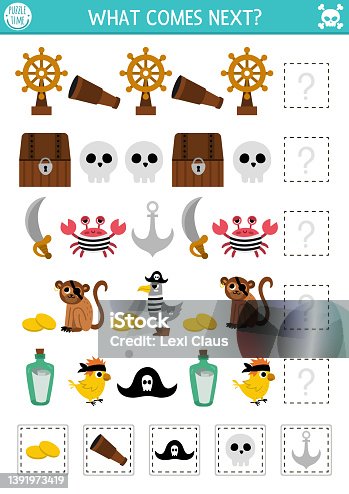 istock What comes next. Pirate matching activity for preschool children with traditional treasure island symbols and characters. Sea adventures logical worksheet. Continue the row game 1391973419