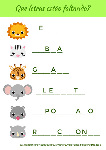 What letters are missing? - What letters are missing? Complete the words. Matching educational game for children with cute animals. Educational activity page for study English. Vector illustration