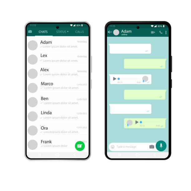 whatsapp interface template on mobile phone - whatsapp stock illustrations