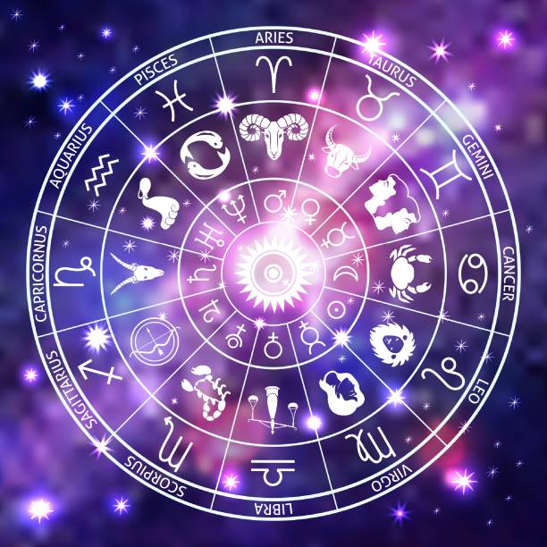 ilustrações de stock, clip art, desenhos animados e ícones de wheel of the signs of the zodiac, figures and symbols of the horoscope - milky way