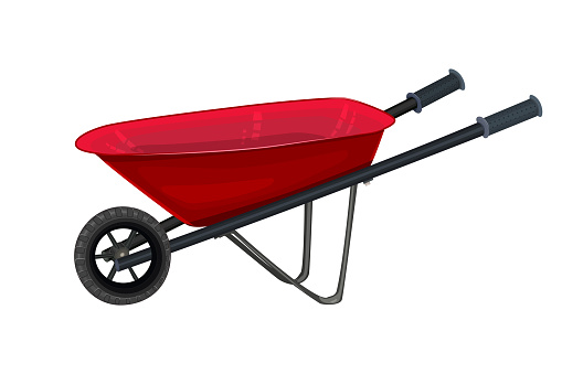 Cartoon red barrow side view. Handcart with wheel. Empty wheelbarrow with handles. Farm gardening tool for carriage of cargoes. Stock vector illustration
