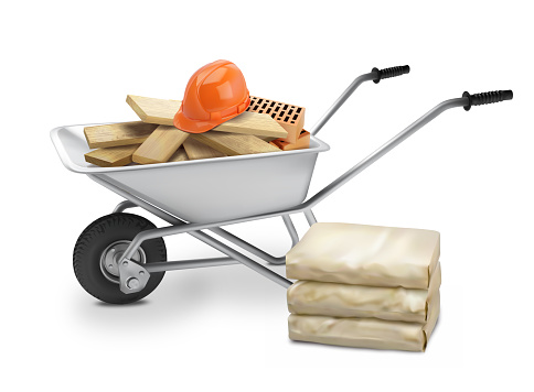 Wheelbarrow with building materials. Bags of cement or sand. Vector illustration.