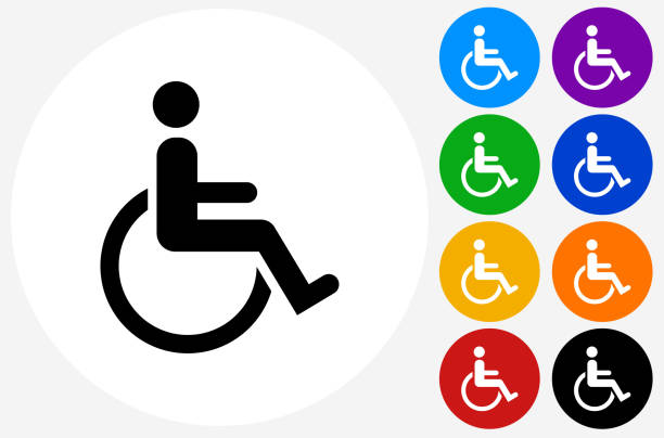 Wheelchair Disability on Flat Round Button Wheelchair Disability on Flat Round Button. The icon is black and is placed on a round blue vector button. The button is flat white color and the background is light. The composition is simple and elegant. The vector icon is the most prominent part if this illustration. There are eight alternate button variations on the right side of the image. The alternate colors are orange, red, purple, yellow, black, green, blue and indigo. ISA stock illustrations