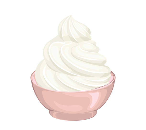 Whipped cream in bowl isolated on white background. Food icon. Vector illustration of sweet dairy dessert in cartoon flat style. Whipped cream in bowl isolated on white background. Food icon. Vector illustration of sweet dairy dessert in cartoon flat style. bowl of ice cream stock illustrations