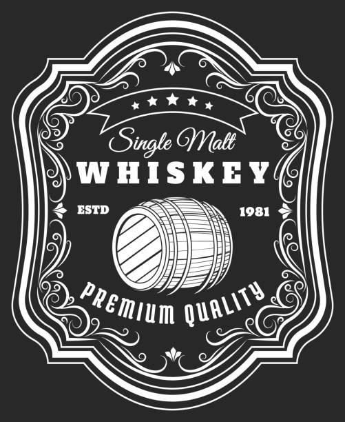 Whiskey barrel label Whiskey barrel label. Old style rustic beverage sticker with frame pattern, antique blackboard whisky oak keg tag vector illustration alcohol drink borders stock illustrations