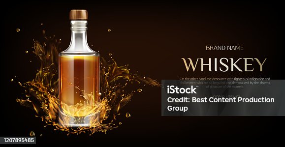 istock Whiskey bottle mockup, flask with strong drink 1207895485