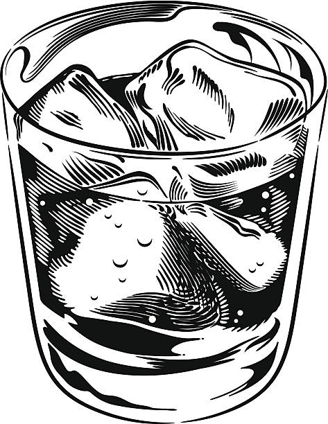 Whiskey Rocks Glass Black and white vintage style clip art. alcohol drink clipart stock illustrations