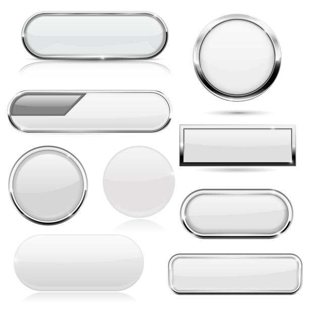 White 3d buttons with metal frame White buttons with metal frame. Vector 3d illustration isolated on white background metal borders stock illustrations