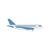 White airplane with blue wings, commercial passenger plane in flight mode, flat cartoon style jet aircraft in side view. Transport themed isolated vector illustration on white background