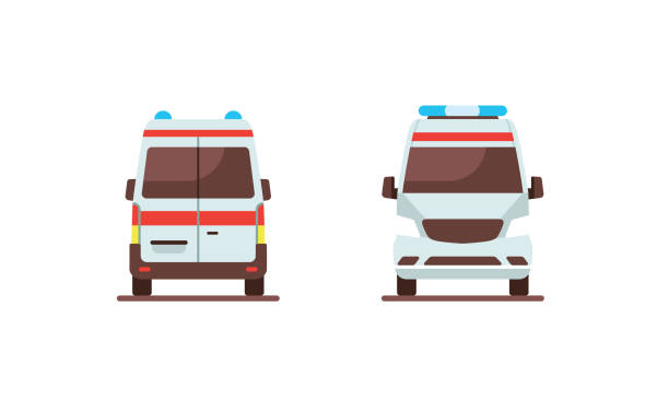 白色救護車車緊急醫療服務車輛前後角度查看平面向量插圖孤立在白色背景 - 救護車 插圖 幅插畫檔、美工圖案、卡通及圖標