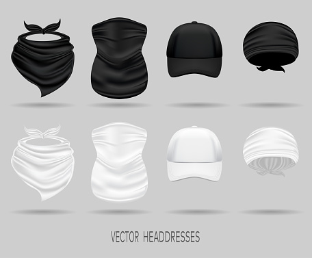White and black head bandanas and cap, neck scarf and buff.