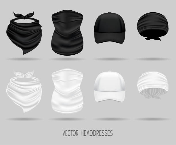 White and black head bandanas and cap, neck scarf and buff. set of white and black head bandanas and cap, neck scarf and buff. realistic vector mock up neck stock illustrations