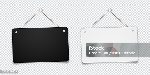 istock White and black shop door signs hanging isolated on transparent background. Empty or blank sign for store, restaurant or cafe. Vector illustration. EPS 10 1352268129