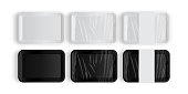 white and black tray packaging for food isolated on white background vector mock up