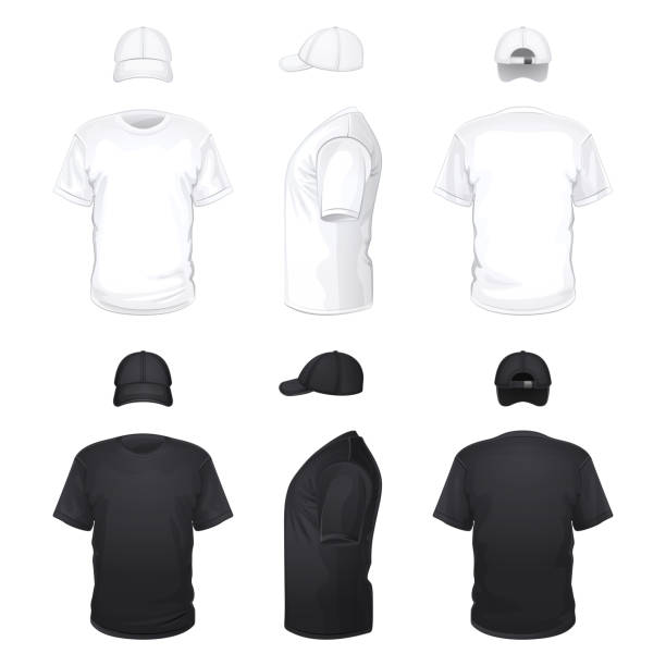 ilustrações de stock, clip art, desenhos animados e ícones de white and black t-shirts and caps - tshirt mockup