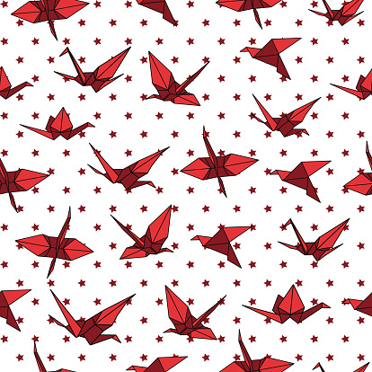 White and red crane origami seamless vector pattern