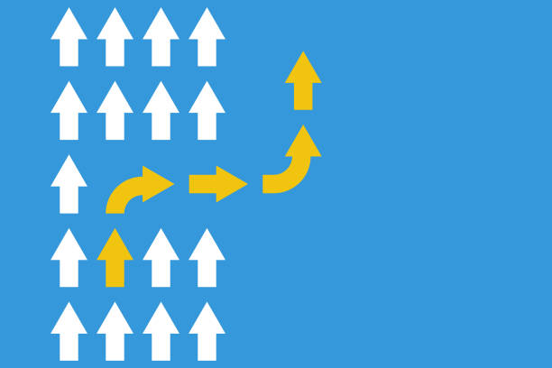 white arrows group in one direction and yellow arrow with different way, business innovations or new strategy vector concept white arrows group in one direction and yellow arrow with different way, business innovations or new strategy vector concept outside the box stock illustrations