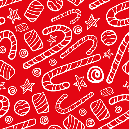 White assorted contour candies isolated on a red background. Cute festive seamless pattern. Vector flat graphic hand drawn illustration. Texture.