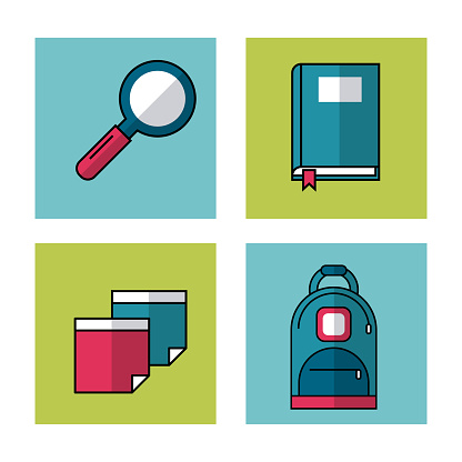 white background with frames of school elements magnifying glass and book and sheets and backpack