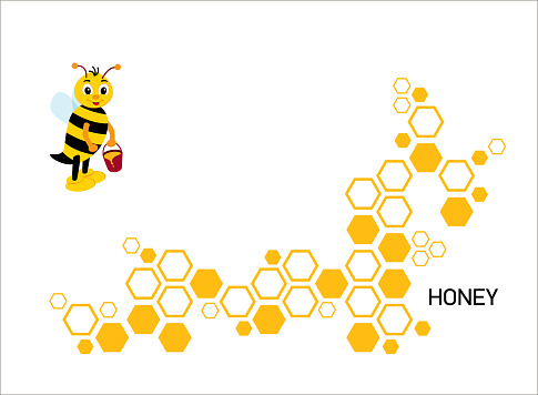 White background with geometric hexagons and cute bee for banner.