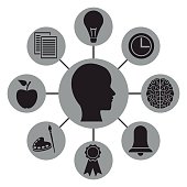 white background with monochrome profile head human connected to icons academic knowledge around vector illustration