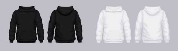 White black hoodie front back mockup. Fashionable template sweatshirt. White black hoodie front back mockup. Fashionable template sweatshirt casual clothes with hood cotton vector textile unisex set for sports walking. hoodie stock illustrations