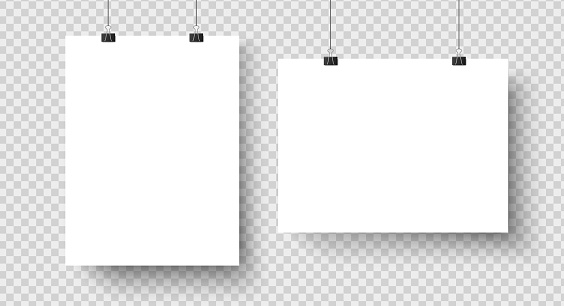 White blank posters hanging on binders. A4 paper page, sheet on wall. Vector mockup