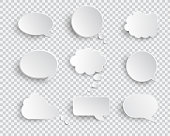 White blank speech bubbles isolated vector set. Infographic design thought bubble on the transparent background. Eps 10 vector file.