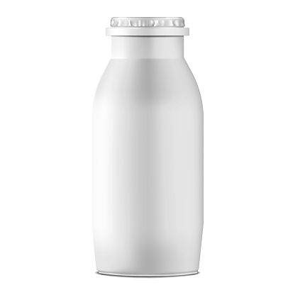 White blank yogurt bottle with foil lid isolated on white background - realistic mockup. Milk, drinking yoghurt, dairy product package - vector mock-up. Template for design